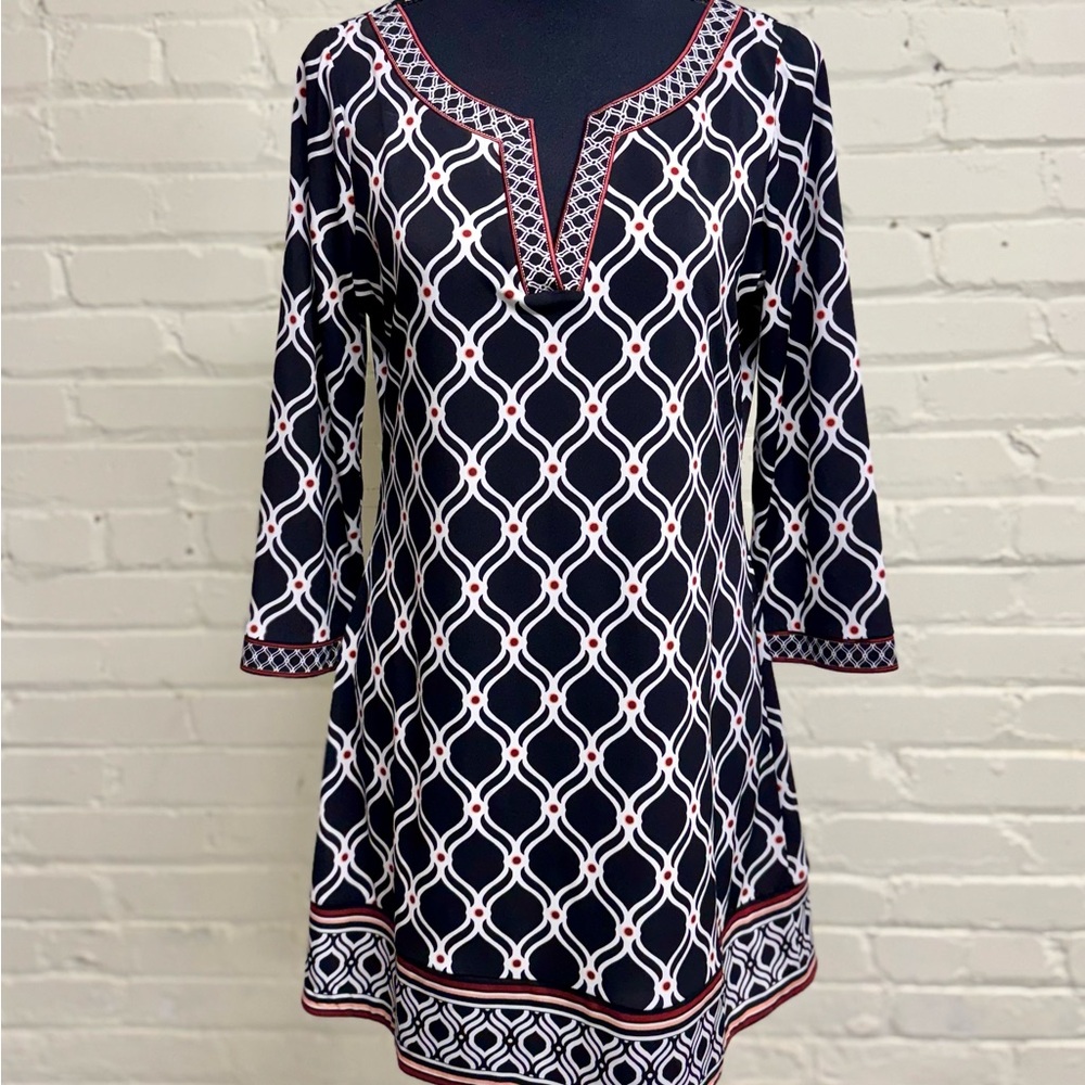 WHBM Black Tunic/Mini-dress with White Geometric Lattice Design, Size S